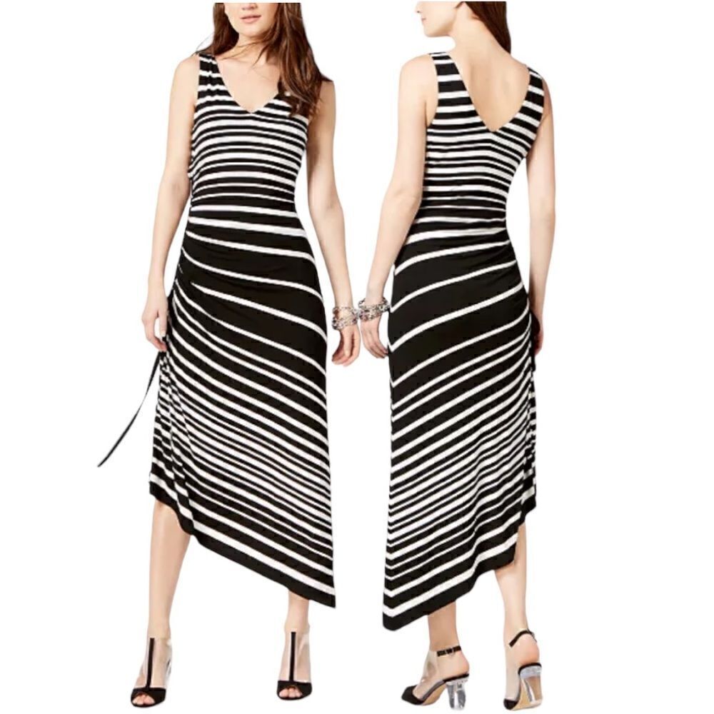 INC International Concepts Women’s V Neck Ruched Striped Maxi Dress in Size LP